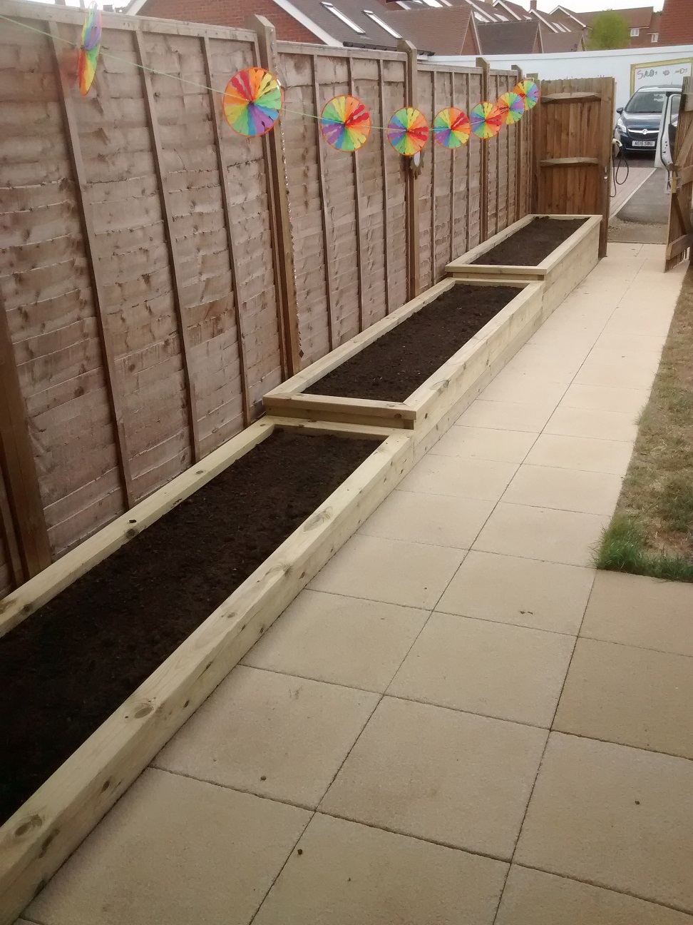 Three stepped raised beds after